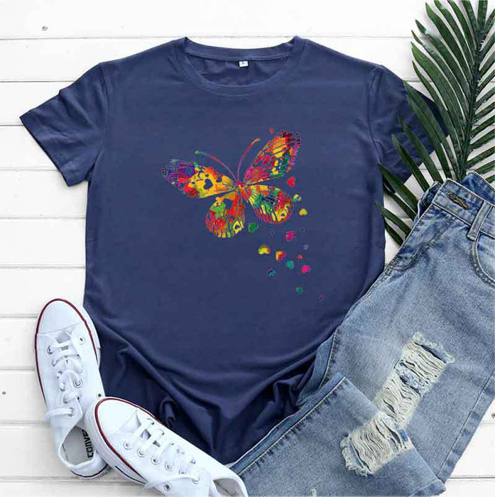 Women's Fashion Casual Heart Butterfly Printed Cotton Round Neck Short Sleeve