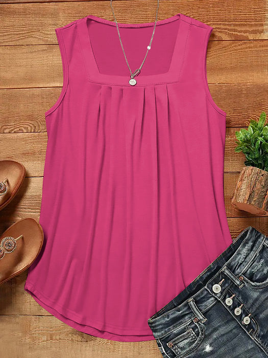 Solid Color Summer Loose Casual Pleated Square Collar Vest Top