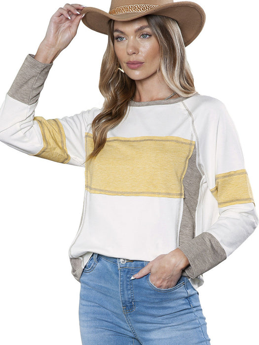 Color Contrast Long Sleeve T-shirt Women's Casual Loose Striped Patchwork Round Neck Pullover