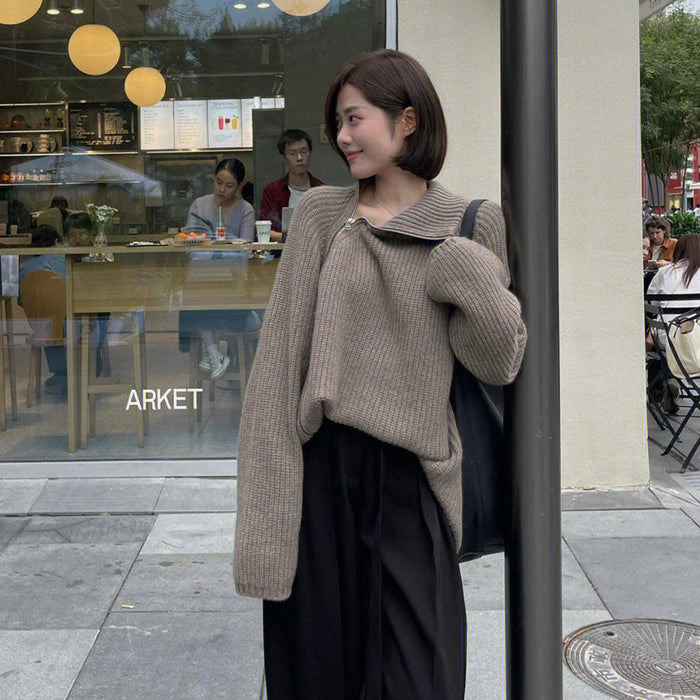 Side Zipper Knitted Cardigan Thickened Loose Camel Sweater