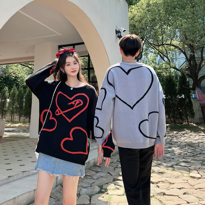 Male And Female Cute Heart Round Neck Sweater