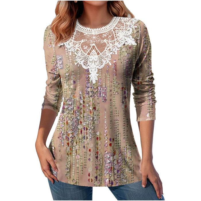 Lace Patchwork Round Neck Top Fashion Casual Printing Loose Long Sleeve Top Women