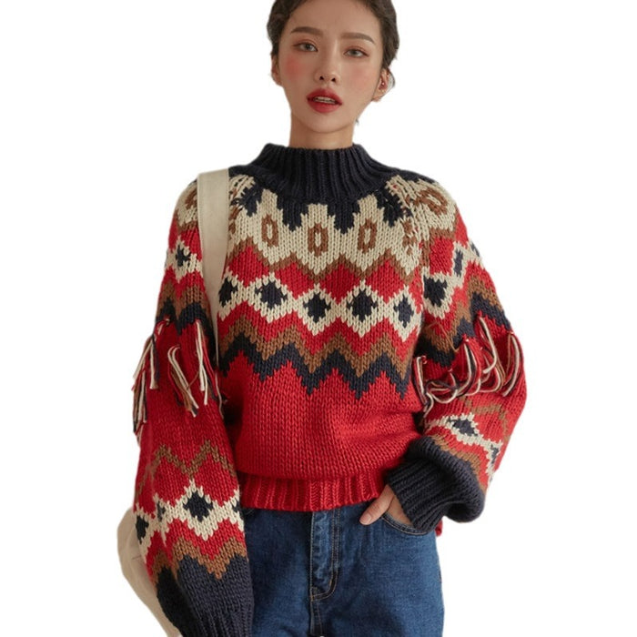 New Christmas Style Contrast Color Dotted Tassel Pullover Thick Sweater