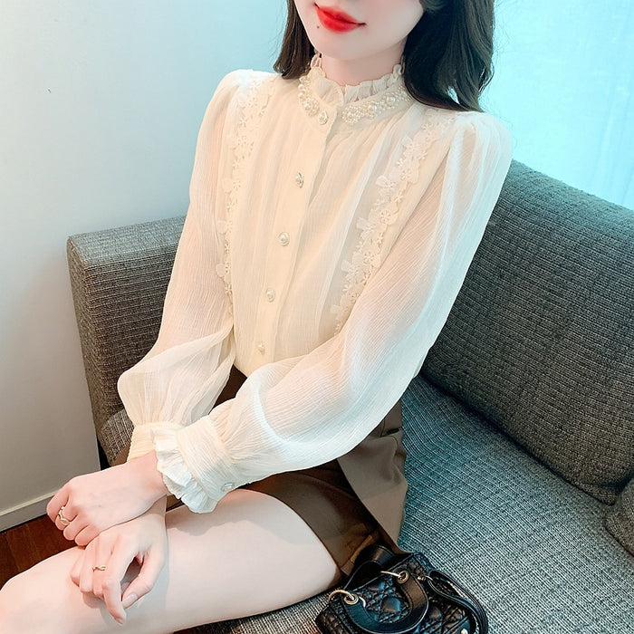 Niche Pearl Stringy Selvedge Stand-up Collar Lace Pleated Long Sleeve Shirt