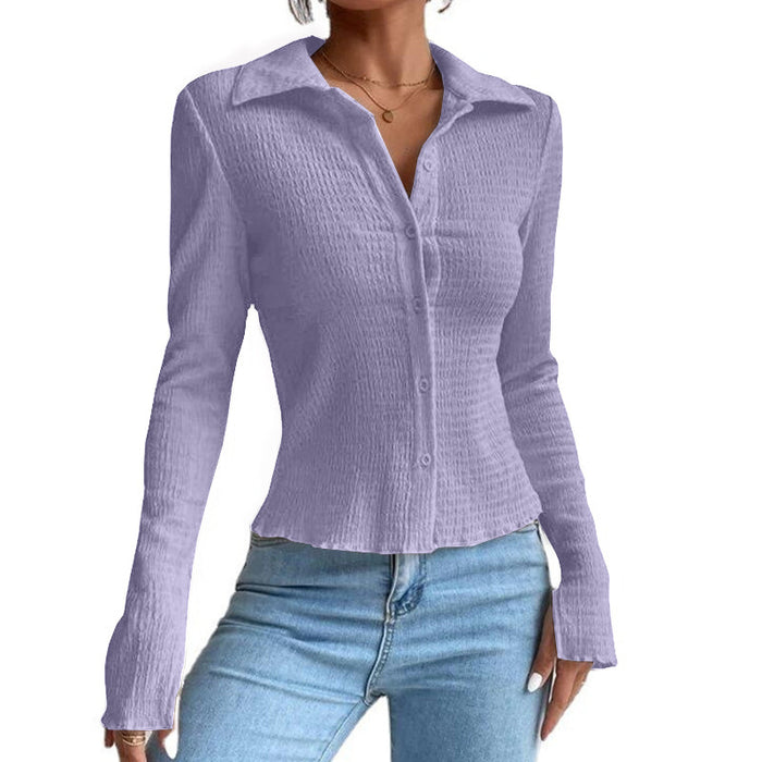 Women's Solid Color Stitching Split Sleeve Cardigan Button Top Lapel T-shirt