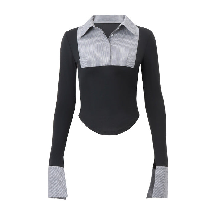 Women's Temperament Color Matching Striped Polo Collar Long-sleeved Top