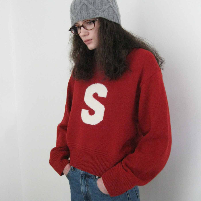 Slimming Laid-back Style V-neck Letter Contrast Color Pullover Knitwear All-match Sweater