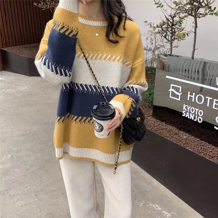 Gentle Style Fashionable Stylish Contrast Color Lazy Sweater for Women