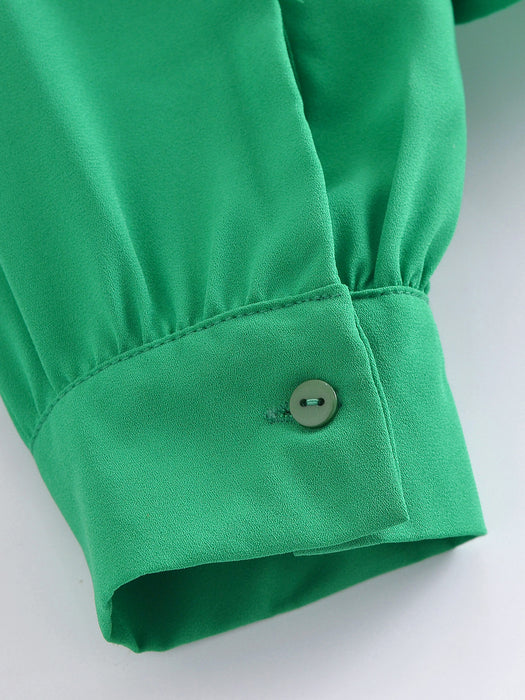 Women's Green Ruffled Lapel Long Sleeve Shirt