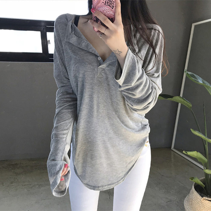 Off-the-shoulder Western Style Basic Solid Color Loose Comfortable Long Sleeve Shirt For Women