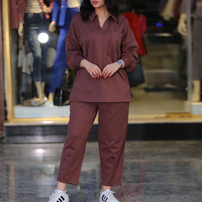 Women's Fashion Casual Lapel Long Sleeve Shirt Casual Pants Suit