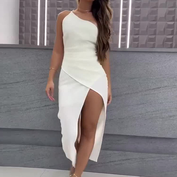 European And American Diagonal Collar Shoulder Sexy Slit Dress