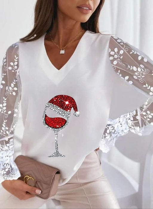 Neues, weihnachtlich bedrucktes, passendes Damen-T-Shirt mit V-Ausschnitt und Spitzenärmeln von WISH