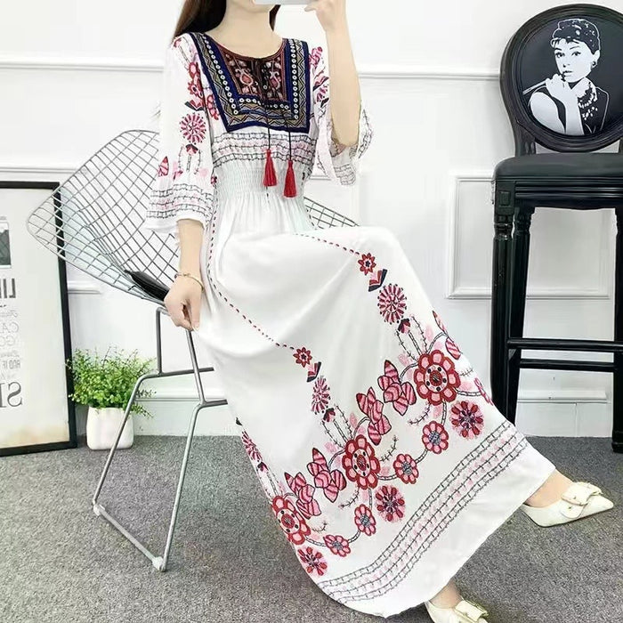 New Style Womens Dress Ethnic Style Cotton Round Neck Embroidered Trumpet Sleeve Waist Slimming Dress
