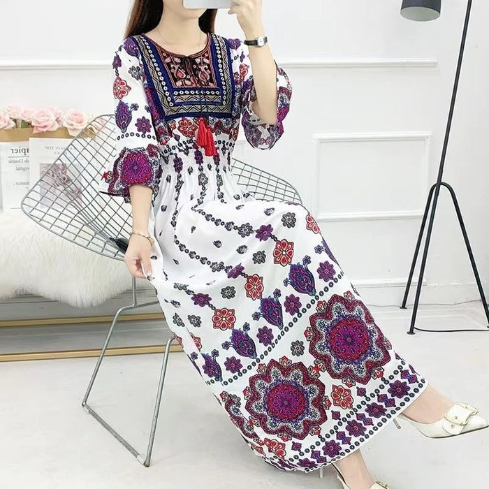 New Style Womens Dress Ethnic Style Cotton Round Neck Embroidered Trumpet Sleeve Waist Slimming Dress