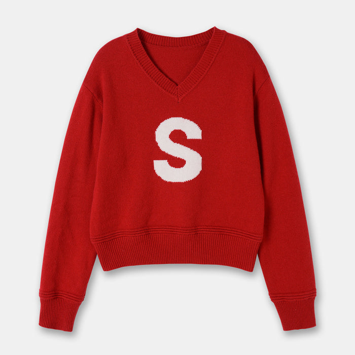 Slimming Laid-back Style V-neck Letter Contrast Color Pullover Knitwear All-match Sweater