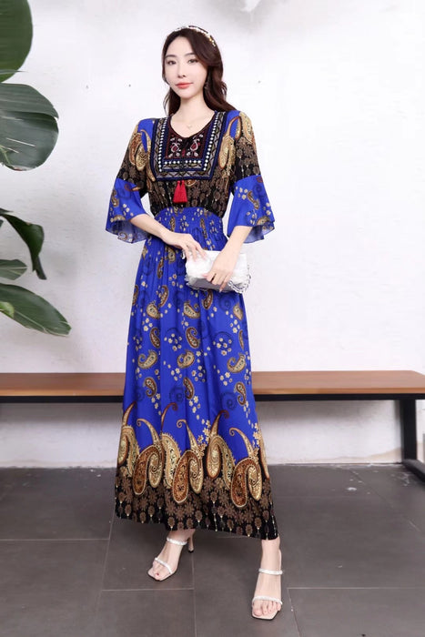 New Style Womens Dress Ethnic Style Cotton Round Neck Embroidered Trumpet Sleeve Waist Slimming Dress