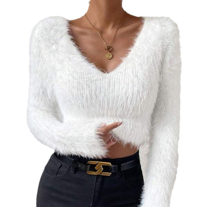 Autumn And Winter New Solid Color And V-neck Slim Fit All-match Plush Short Women's Sweater