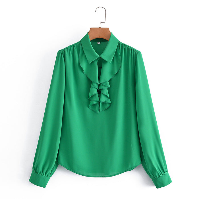 Women's Green Ruffled Lapel Long Sleeve Shirt