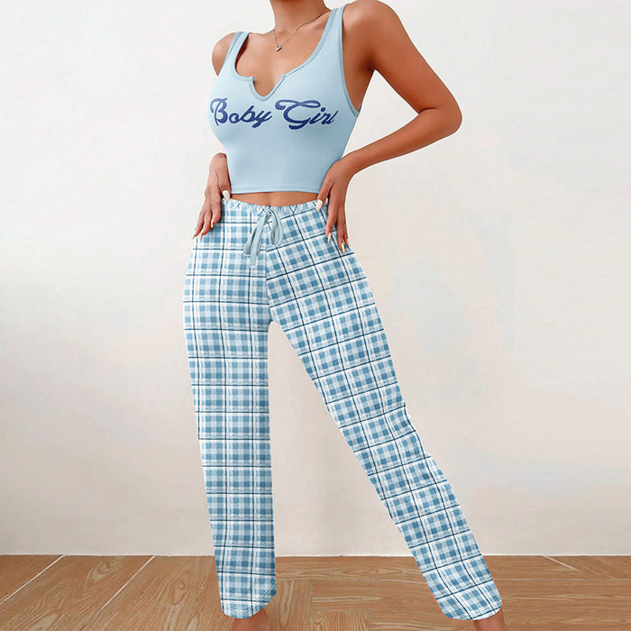 Homewear Vest Color Matching Plaid Trousers Letter Print Top Pajamas For Women