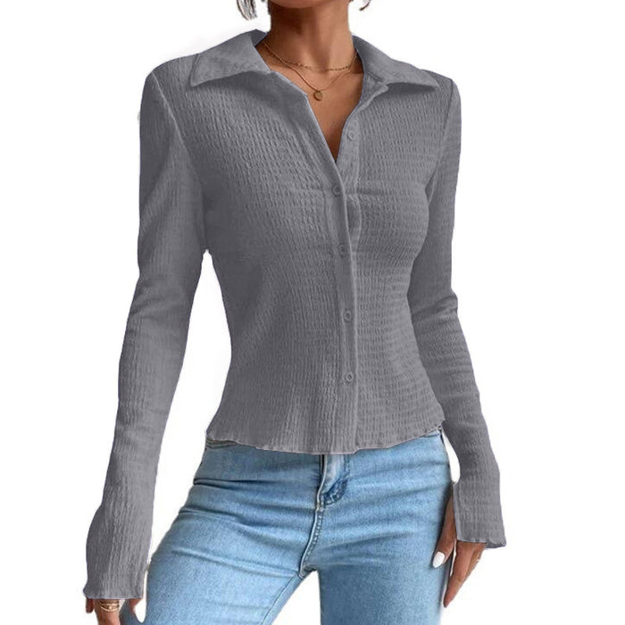 Women's Solid Color Stitching Split Sleeve Cardigan Button Top Lapel T-shirt