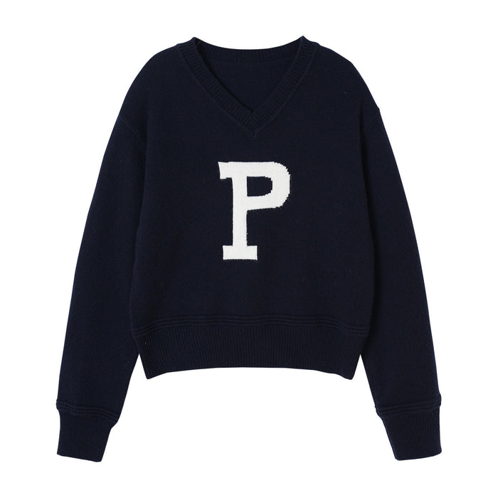 Slimming Laid-back Style V-neck Letter Contrast Color Pullover Knitwear All-match Sweater