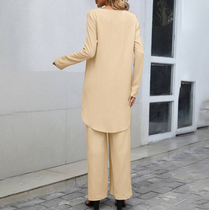 Women's Fashion Long Sleeve Irregular Hem Top Elastic Waist Wide Leg Trousers Two-piece Set