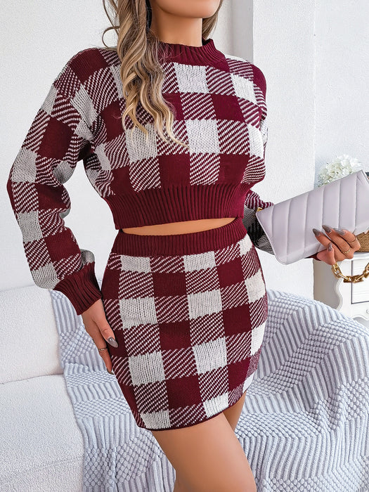 Color-contrast Check Long Sleeve Women's Bag Hip Suit