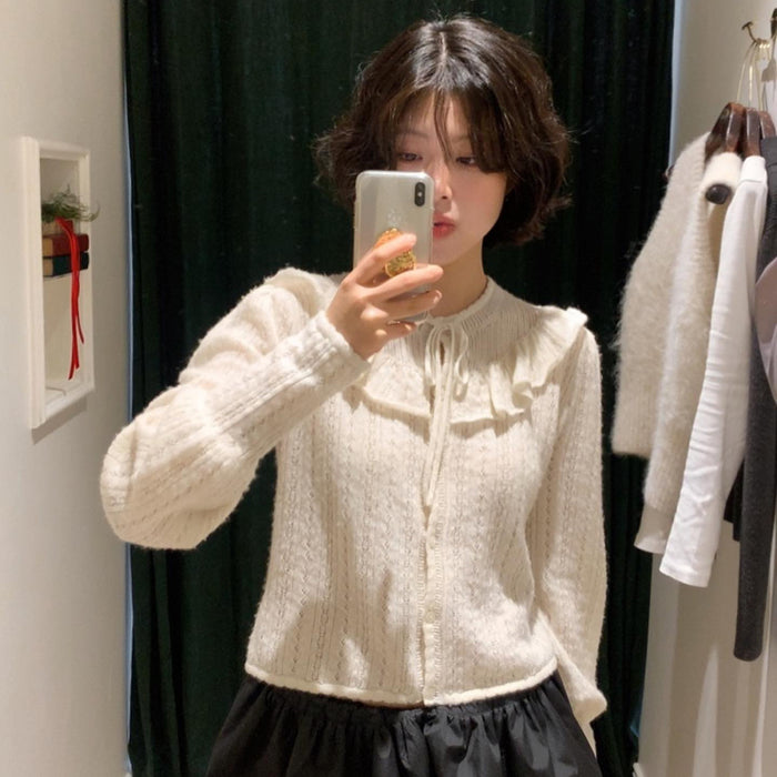 Solid Color Round Neck Hollow Lace Knitted Cardigan Top