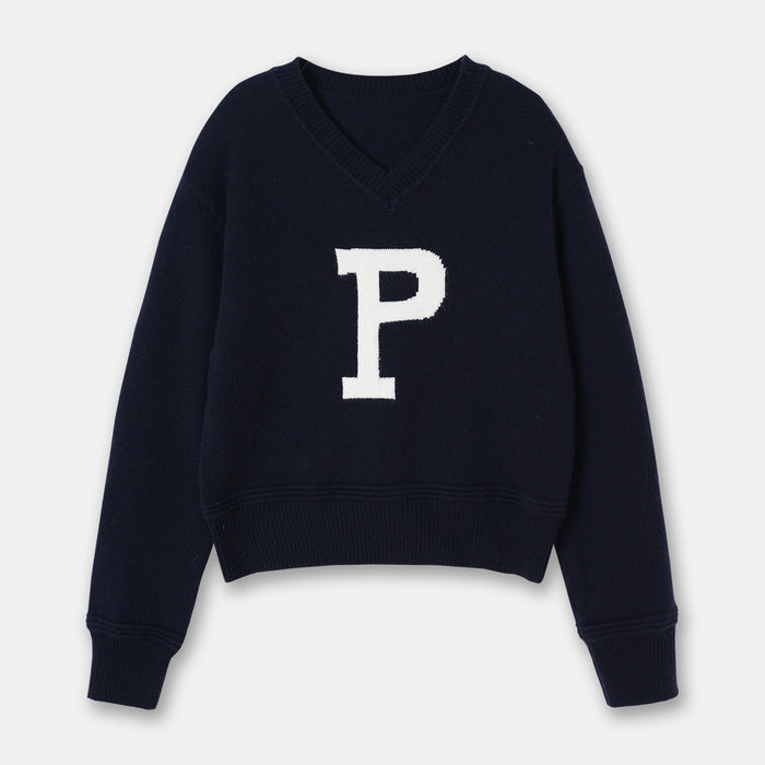 Slimming Laid-back Style V-neck Letter Contrast Color Pullover Knitwear All-match Sweater