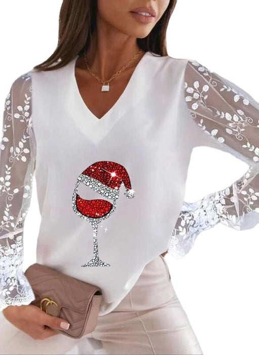 Neues, weihnachtlich bedrucktes, passendes Damen-T-Shirt mit V-Ausschnitt und Spitzenärmeln von WISH