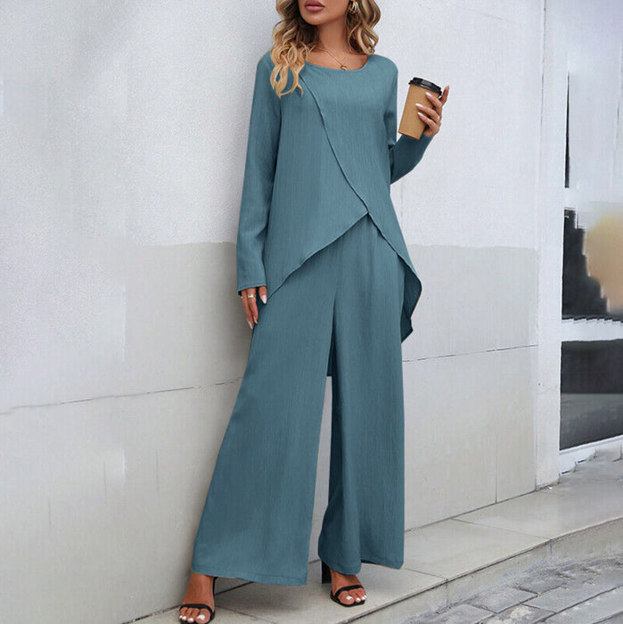 Women's Fashion Long Sleeve Irregular Hem Top Elastic Waist Wide Leg Trousers Two-piece Set