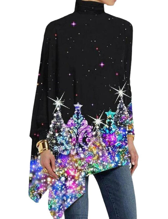 Fashion High Collar Loose And Irregular Digital Printed Long-sleeved Top