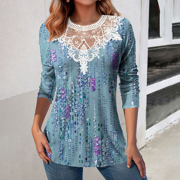 Lace Patchwork Round Neck Top Fashion Casual Printing Loose Long Sleeve Top Women