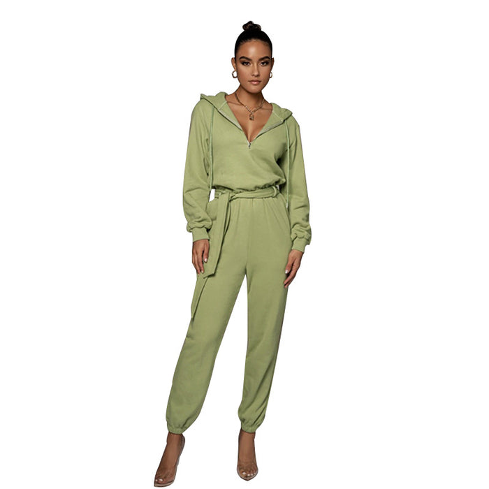 Slim-fit Long Sleeve Solid Color Hooded Half-open Collar Urban Leisure Women's Jumpsuit