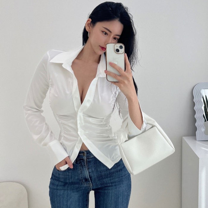 Autumn And Winter New Elegant Pleated Waist Tight Slim Lapel Slimming Shirt For Women