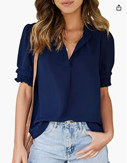 Women's V-neck Casual Short-sleeved Solid Color Chiffon Shirt