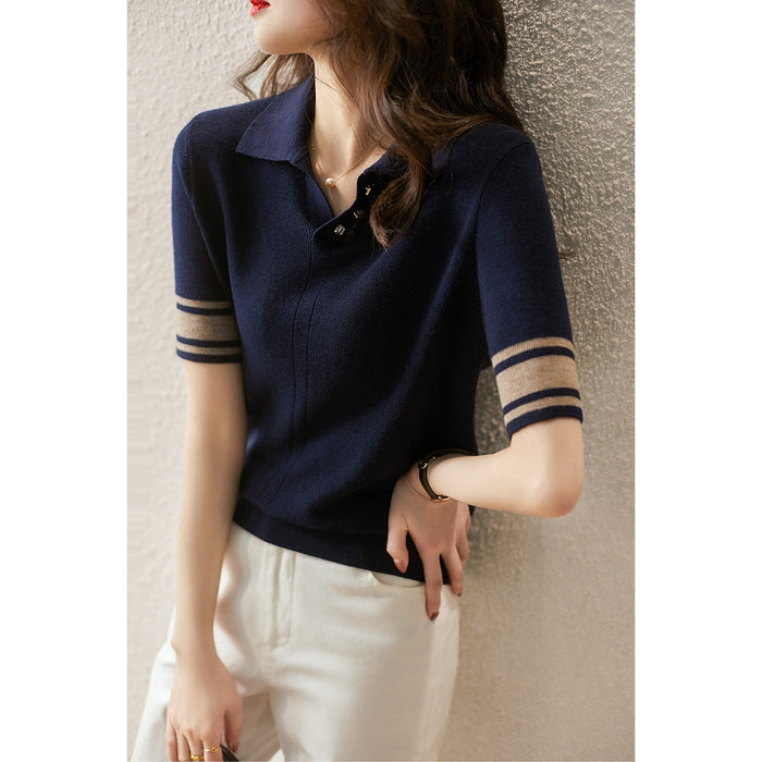 Women's Doll Collar Ice Silk Short Sleeve Knitted Top Half Mid-sleeve Bottoming Shirt