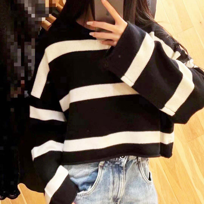 Wool Striped Sweater Curly Embroidered Striped Sweater for Women