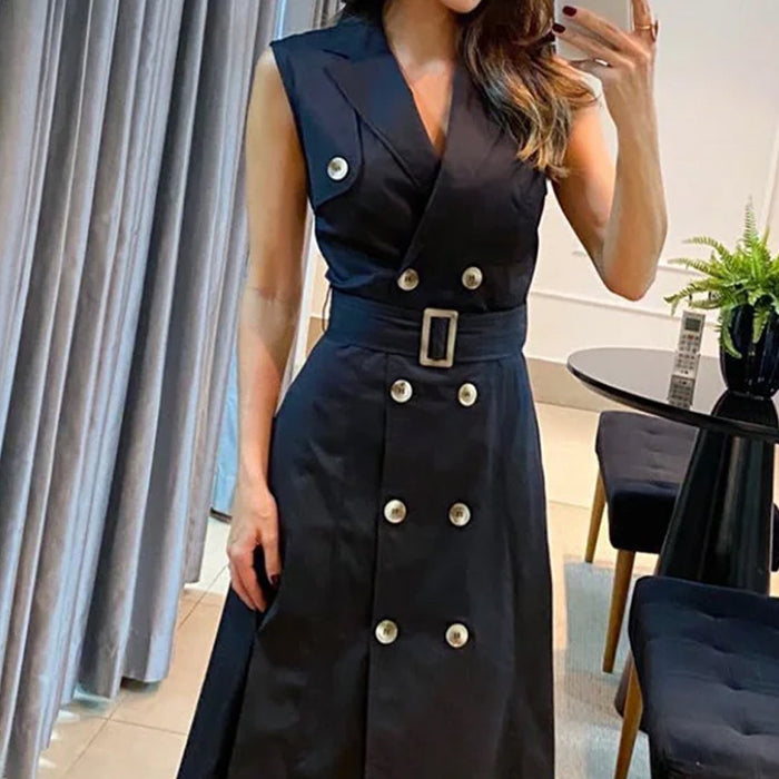 European And American Fashion Solid Color Multi-button Design Sleeveless Dress