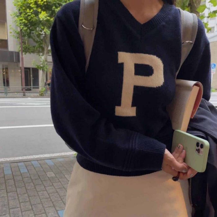 Slimming Laid-back Style V-neck Letter Contrast Color Pullover Knitwear All-match Sweater