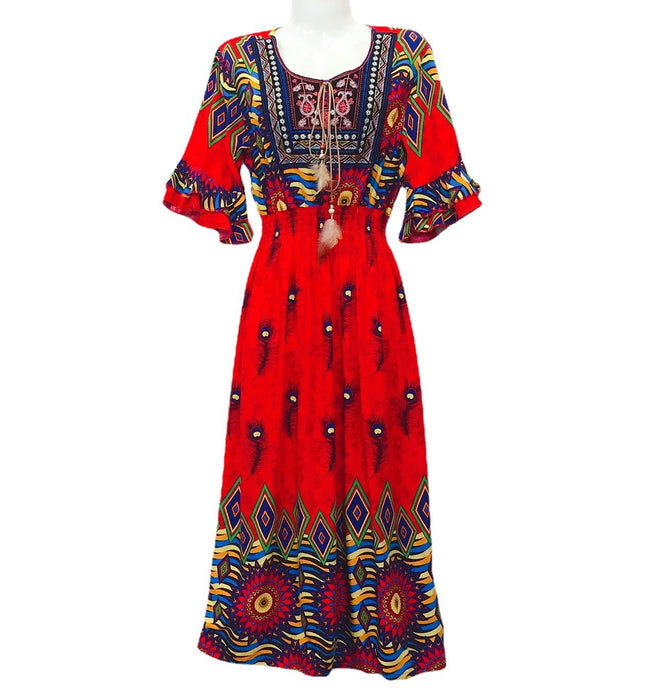 New Style Womens Dress Ethnic Style Cotton Round Neck Embroidered Trumpet Sleeve Waist Slimming Dress