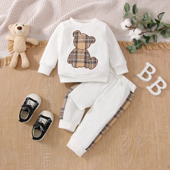 Three Colors Optional New Infant Boys And Girls Autumn Bear Printed Pants Sweater Suit