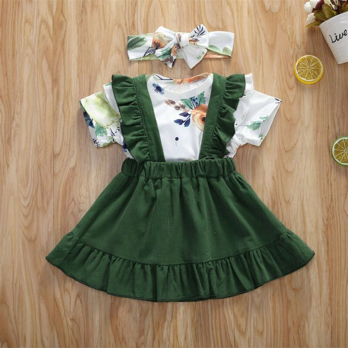 Three-piece Set Of Short-sleeved Flower Blouse, Suspender Skirt And Headband