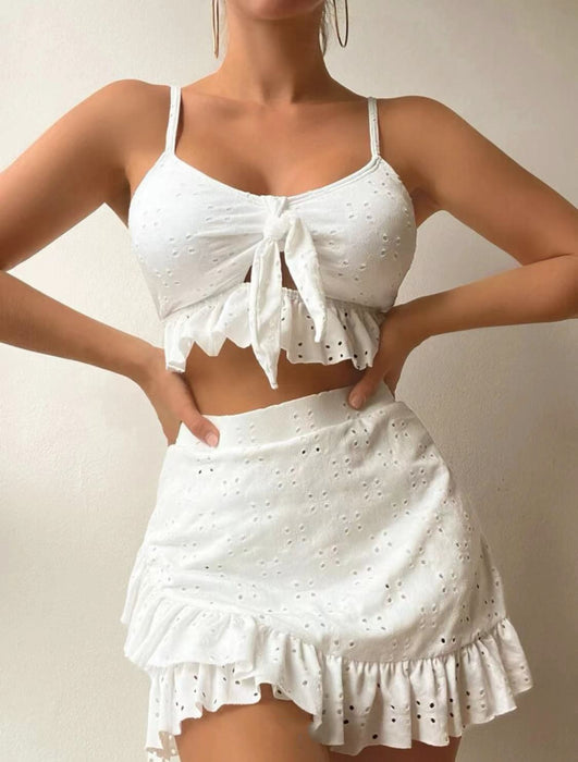 3pcs Beach Bikini With Hip-hugging Skirt Fashion Ruffle Design Swimsuit Set Summer Womens Clothing