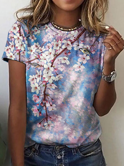 Floral Print Round Neck Short Sleeve T-shirt For Women Summer