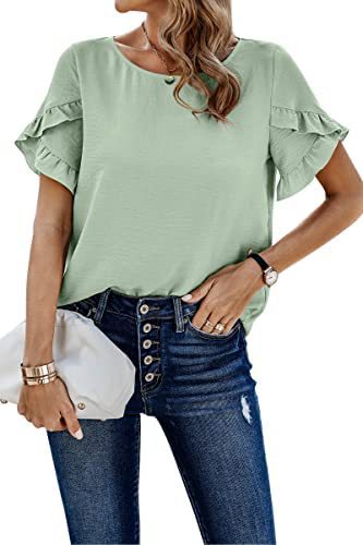 Casual Pleated Short Sleeves Summer Loose Shirt Solid Color Round Neck Shirt Waist Top