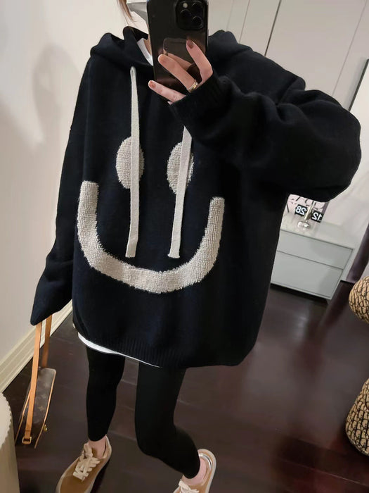 Soft Glutinous Beige Smiley Face Hooded Sweater Women's Autumn And Winter New Lazy