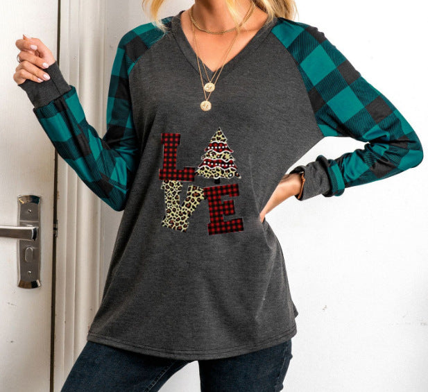 Christmas Printed Checkered V-neck Long-sleeved T-shirt Stitching