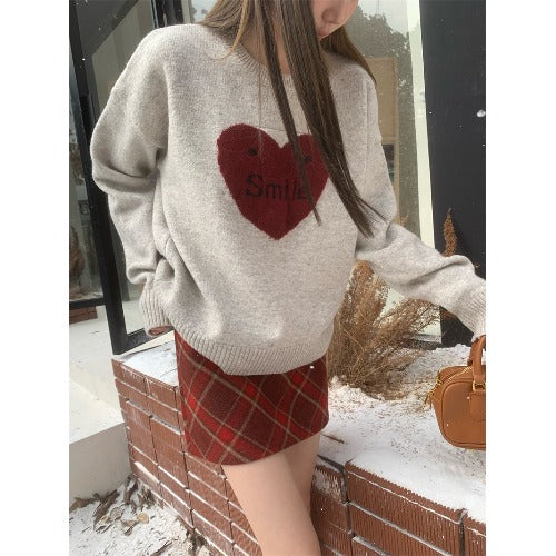 Love Jacquard Long Sleeved Pullover Sweater For Women